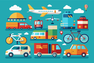 Transportation icons set including car, bicycle, airplane, bus, and more vehicles for various modes of travel.