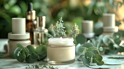 Top view hand cream in jar, essential oil, skin lotion and eucalyptus leaves. Natural organic beauty product concept