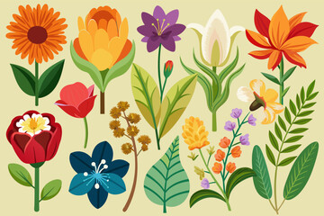 Vector illustration of colorful flowers and leaves in vibrant hues, creating a lively and vibrant composition.