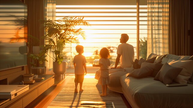 Family in the living room enjoys the tranquility and security of their home by the window at sunset