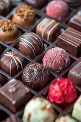 An assortment of pralines. The intricate details and vibrant colors of the chocolates