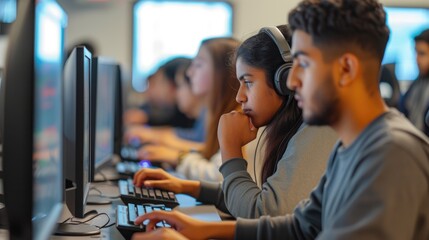 Focused students work on computers in a technology class, coding and developing software as part of their education. AIG41