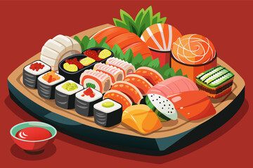 Sushi on a plate, Japanese cuisine, raw fish, rice, seaweed, traditional food, Asian dish.
