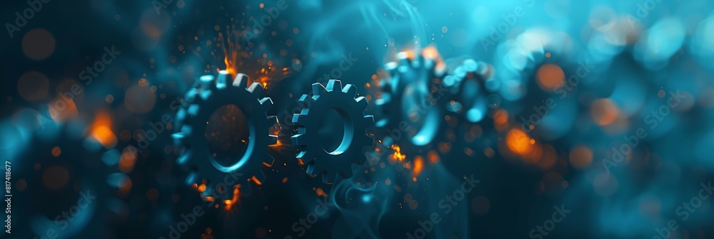 Poster close up of synchronized gears with fiery sparks, blurred background, ideal for text placement