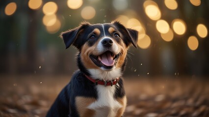 portrait of dogs and cats with yellow bokeh background