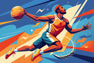 Obraz premium Basketball player soaring through the air, dunking a basketball ball. Dynamic vector illustration.