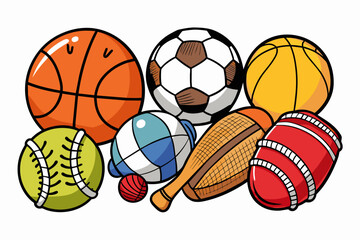 Various sports balls and balls clipart including basketball, soccer ball, tennis ball, and baseball.