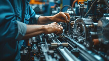 Close up of professional mechanic hand fixing and repairing machine while holding iron cog. Attractive technician learning and fixing gear at factory with blurring background. Maintenance. AIG42.