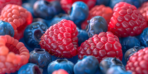 A close-up of raspberries and black blueberry split the frame. Summer vitamins.
