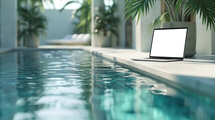 Mockup of modern laptop next to pool, AI-generative