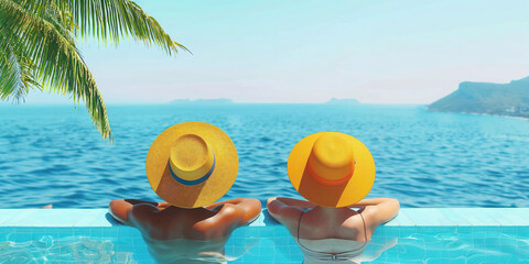 Two individuals wearing yellow hats are seated in a swimming pool, enjoying a fun summer day together