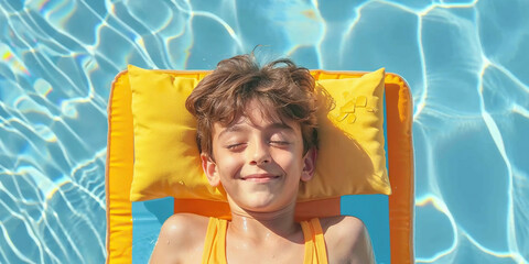 A young boy joyfully lays on a pool float in a pool during a fun summer day