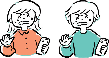 スマートフォンを持った困り顔の男性と女性　手描き風バストアップイラストセット