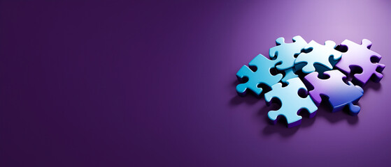 Blue and purple colored 3D-rendered puzzle pieces scattered on a vibrant purple background