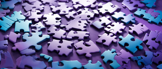 Blue and purple colored 3D-rendered puzzle pieces scattered on a vibrant purple background