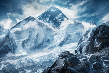 Obraz premium Climber ascends a rocky path towards a towering, snow-covered peak under a dramatic blue sky with wispy clouds