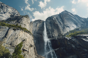 Majestic waterfall cascading down granite cliffs