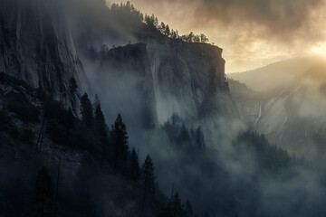 Mystical sunrise over foggy mountain cliffs
