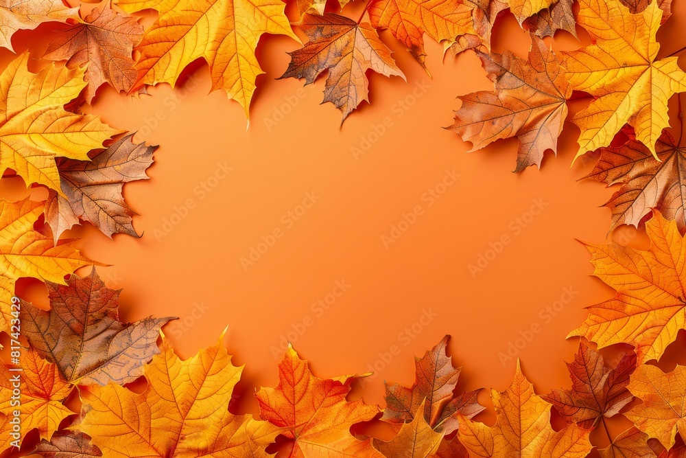 Poster autumn leaves on orange background with ample space for text placement, top view composition