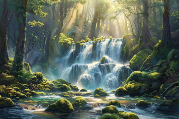 A mystical forest waterfall cascading over moss-covered rocks, with sunlight filtering through the dense canopy of trees, casting enchanting rays of light on the shimmering waters below