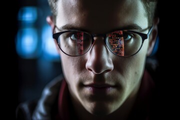 Portait of young hacker with computer screen reflecting in the man's glasses