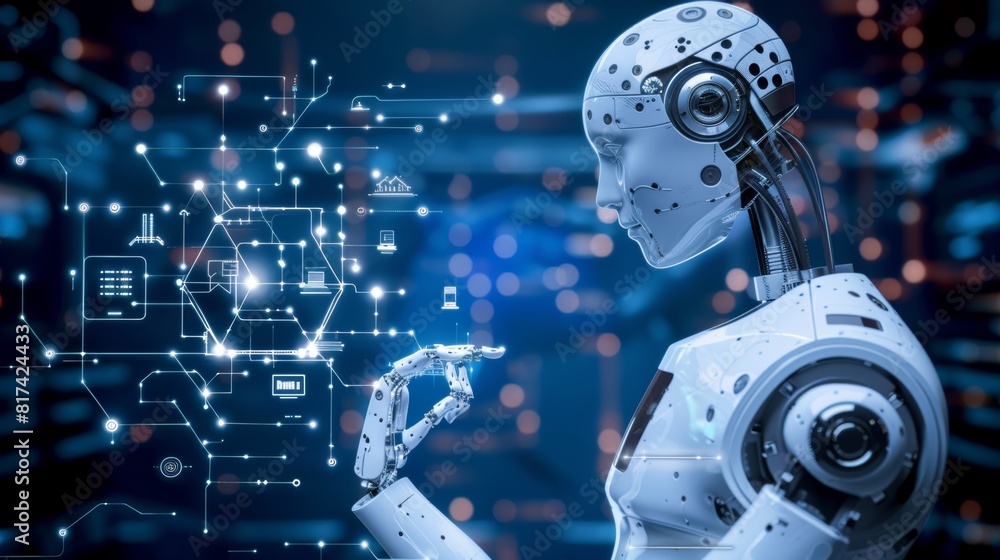 Poster futuristic workspace with ai enhanced tools and robotic assistance for an advanced work setting