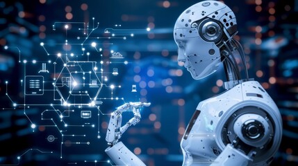 Futuristic workspace with ai enhanced tools and robotic assistance for an advanced work setting