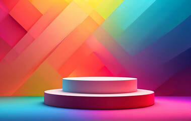 A modern 3D hologram featuring rainbow geometric shapes with an empty cylindrical podium for product display on a round stage