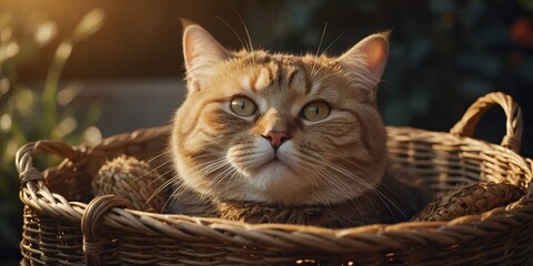 Sleepy Cat Enjoying a Warm Nap in a Cozy Wicker Basket.