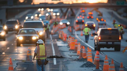 Obraz premium Highway scene at sunset with numerous traffic cones placed on the road for lane closures and construction work