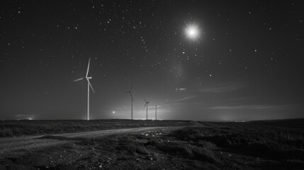 The turbines at night lit up by the moon and stars a testament to the continuous production of electricity.
