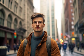 portrait of a young man in eyeglasses on the street in new york city, usa