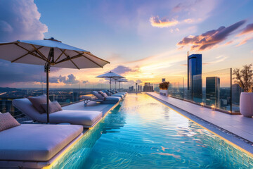 A chic city rooftop pool oasis with lounge chairs, umbrellas, and panoramic skyline views, offering a stylish and luxurious escape from the urban hustle.