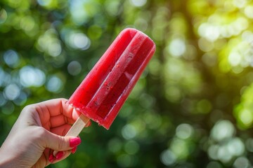 Woman s hand holding strawberry popsicle close up on blurred background with space for text