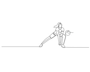Continuous single line drawing of female volleyball athlete who is squatting because she is holding the ball from her opponent. sport training concept. volleyball competition illustration design