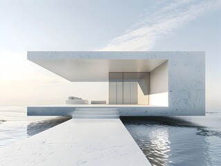 Minimalist Architectural Masterpiece Overlooking Serene Water Landscape