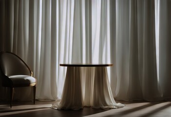 treatment podium side skincare luxury curtain soft drapery product drapes table fashion modern sunlight wooden beauty splay blowing background Empty cosmetic white