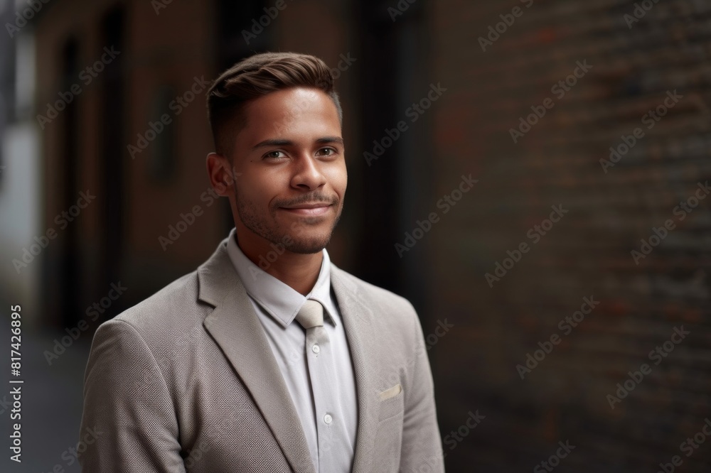 Sticker portrait of businessman against wall at workplace