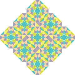 Geometric mosaic with blue stars with details on green, yellow, purple and pink.