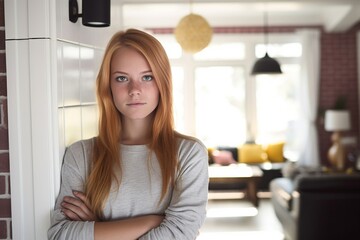 portrait of confident teenage girl leaning on doorway at home