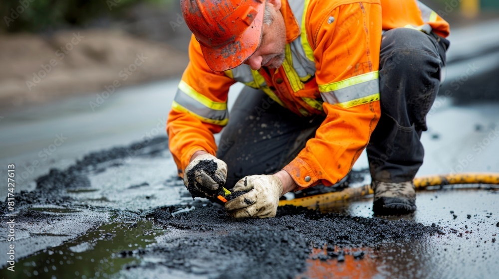 Poster a worker inspecting a sample of asphalt checking for proper chemical composition and quality control