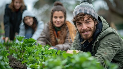 Volunteers planting a community garden together