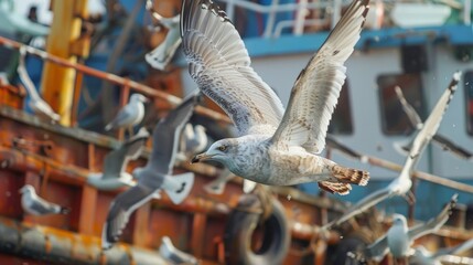Seagulls circle around the ship hoping to catch any scraps of food from the crew.