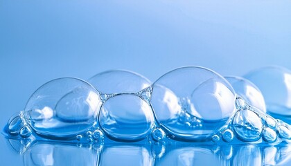 Big air bubbles, close up, blue background for pure cosmetics product