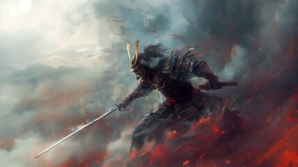 Fierce samurai warrior battling in smoke and flames at dusk in feudal japan.