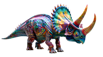 A 3D rendered Triceratops with a creative and colorful skin design set on a white background, perfect for prints and digital media
