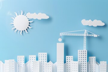 Sustainable growth concept city development landscape with tower cranes in pastel color paper art style minimalist 3d illustration