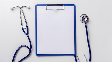 Blank medical clipboard with stethoscope on white background. Copy space.