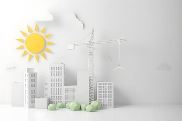 Sustainable growth concept city development landscape with tower cranes in pastel color paper art style minimalist 3d illustration