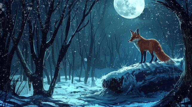 Fox in moonlit woods forest. Anime or digital painting style, looping 4k video animation background